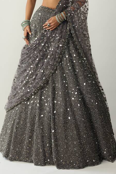Vvani by vani vats_Grey Georgette, Organza, Net Mirrors, Embroidery, Sequins Metallic Lehenga Set _at_Aza_Fashions