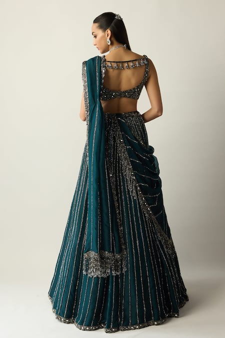 Vvani by vani vats Dark Teal Linear Embroidered Lehenga Set 