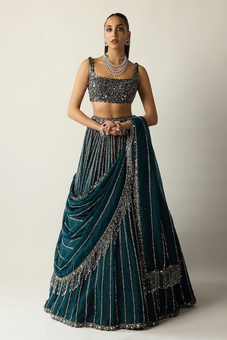 Vvani by vani vats_Blue Georgette, Organza Crystals, Stones, Dark Teal Linear Lehenga Set _Online_at_Aza_Fashions