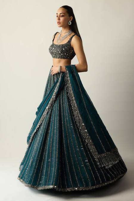 Buy_Vvani by vani vats_Blue Georgette, Organza Crystals, Stones, Dark Teal Linear Lehenga Set _Online_at_Aza_Fashions