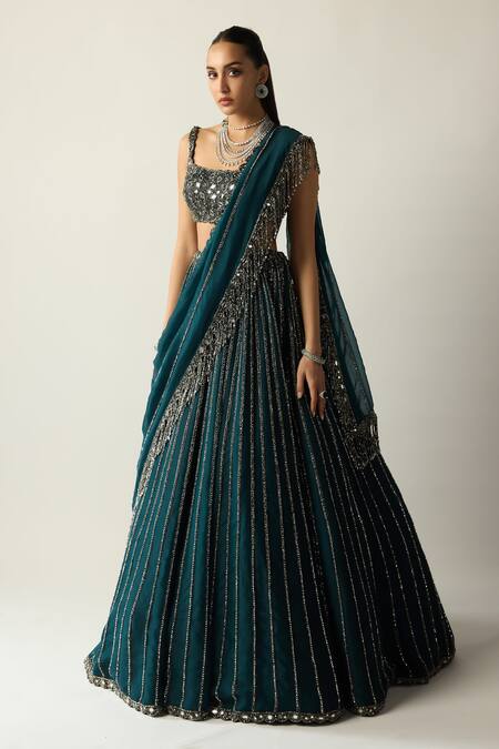 Shop_Vvani by vani vats_Blue Georgette, Organza Crystals, Stones, Dark Teal Linear Lehenga Set _Online_at_Aza_Fashions