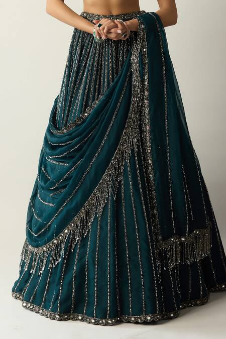 Vvani by vani vats_Blue Georgette, Organza Crystals, Stones, Dark Teal Linear Lehenga Set _at_Aza_Fashions