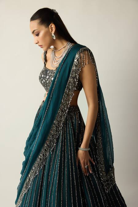 Buy_Vvani by vani vats_Blue Georgette, Organza Crystals, Stones, Dark Teal Linear Lehenga Set 
