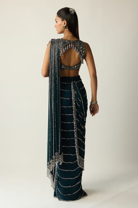 Vvani by vani vats Linear Embroidered Pre-Draped Saree With Blouse 