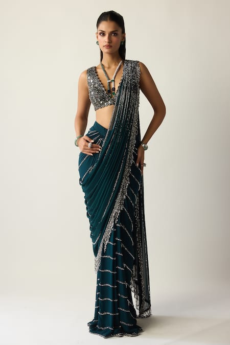 Vvani by vani vats Linear Embroidered Pre-Draped Saree With Blouse 