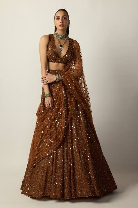 Vvani by vani vats Brown Georgette, Organza, Net Mirrors, Stones, Metallic Copper Lehenga Set Online at Aza Fashions Vvani by vani vats_Brown Georgette, Organza, Net Mirrors, Stones, Metallic Copper Lehenga Set _Online_at_Aza_Fashions