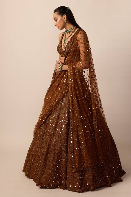 Buy Vvani by vani vats Brown Georgette, Organza, Net Mirrors, Stones, Metallic Copper Lehenga Set Online at Aza Fashions Buy_Vvani by vani vats_Brown Georgette, Organza, Net Mirrors, Stones, Metallic Copper Lehenga Set _Online_at_Aza_Fashions
