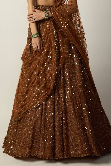 Shop Vvani by vani vats Brown Georgette, Organza, Net Mirrors, Stones, Metallic Copper Lehenga Set Online at Aza Fashions Shop_Vvani by vani vats_Brown Georgette, Organza, Net Mirrors, Stones, Metallic Copper Lehenga Set _Online_at_Aza_Fashions