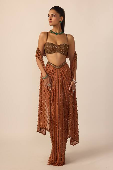 Buy_Vvani by vani vats_Brown Georgette Beads, Mirrors Metallic Single Drop Embellished Draped Skirt Set _Online_at_Aza_Fashions