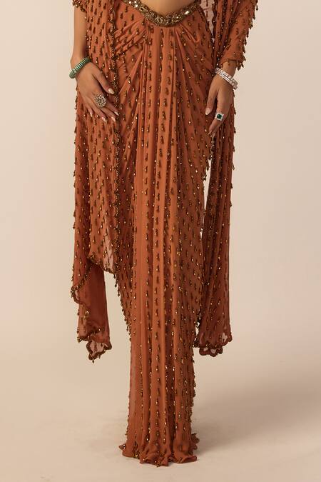 Shop_Vvani by vani vats_Brown Georgette Beads, Mirrors Metallic Single Drop Embellished Draped Skirt Set _Online_at_Aza_Fashions