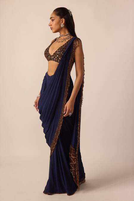 Buy_Vvani by vani vats_Blue Georgette Tassels, Beads, Mirrors Embellished Pre-draped Saree With Blouse _Online_at_Aza_Fashions