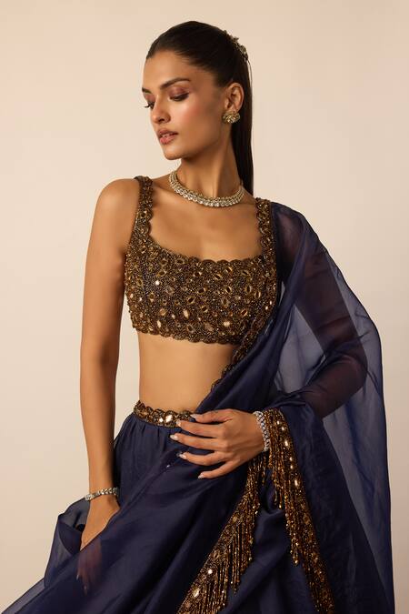 Buy_Vvani by vani vats_Blue Georgette, Organza Mirrors, Beads, Embroidery, Tassels Blouse Lehenga Set 