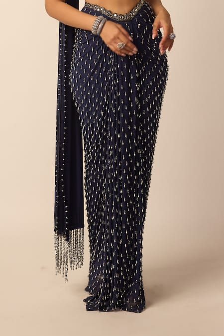 Vvani by vani vats_Blue Georgette, Satin Mirrors, Stones, Single Drop Embellished Draped Skirt Set _Online_at_Aza_Fashions