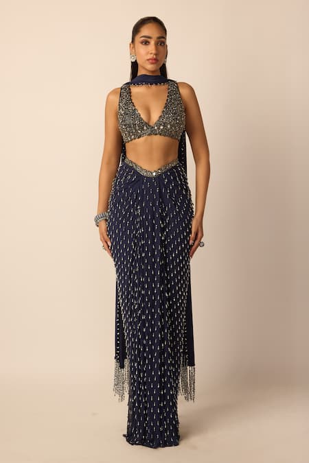 Buy_Vvani by vani vats_Blue Georgette, Satin Mirrors, Stones, Single Drop Embellished Draped Skirt Set _Online_at_Aza_Fashions