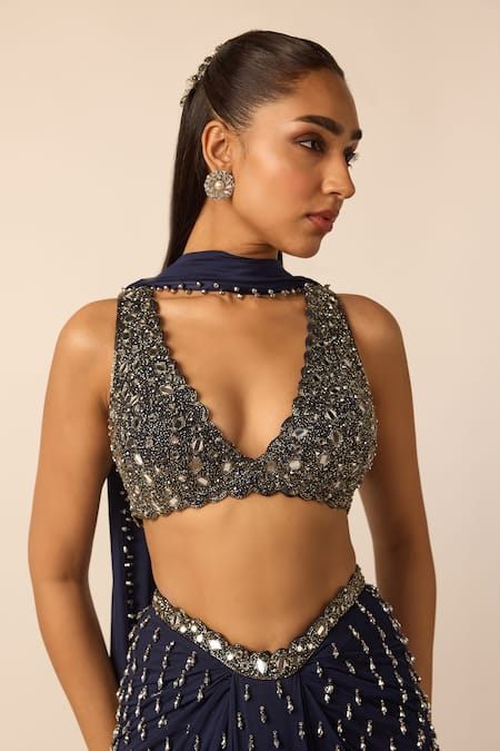 Shop_Vvani by vani vats_Blue Georgette, Satin Mirrors, Stones, Single Drop Embellished Draped Skirt Set _Online_at_Aza_Fashions