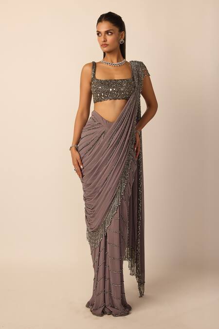 Vvani by vani vats_Grey Georgette Tassels, Beads, Sequins, Linear Pre-draped Saree With Blouse _Online_at_Aza_Fashions