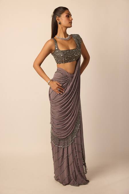 Buy_Vvani by vani vats_Grey Georgette Tassels, Beads, Sequins, Linear Pre-draped Saree With Blouse _Online_at_Aza_Fashions
