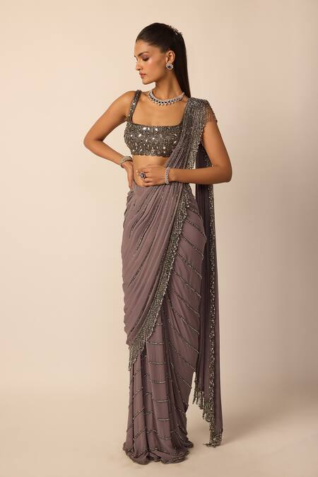 Shop_Vvani by vani vats_Grey Georgette Tassels, Beads, Sequins, Linear Pre-draped Saree With Blouse _Online_at_Aza_Fashions