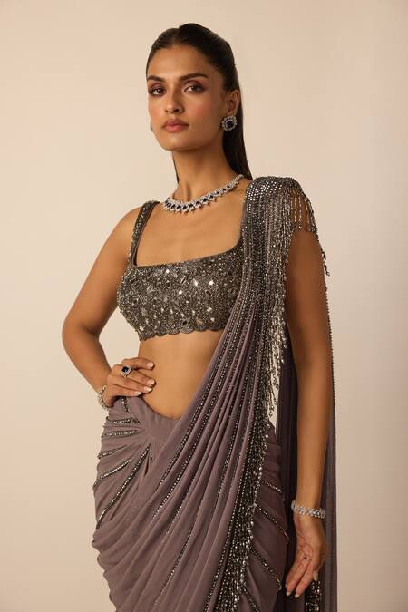Buy_Vvani by vani vats_Grey Georgette Tassels, Beads, Sequins, Linear Pre-draped Saree With Blouse 