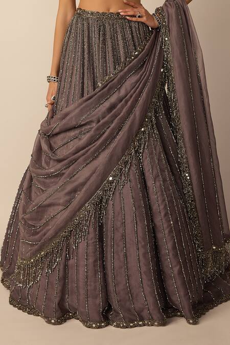 Shop Vvani by vani vats Grey Georgette, Organza Crystals, Beads, Mirrors, Linear Lehenga Set Online at Aza Fashions Shop_Vvani by vani vats_Grey Georgette, Organza Crystals, Beads, Mirrors, Linear Lehenga Set _Online_at_Aza_Fashions