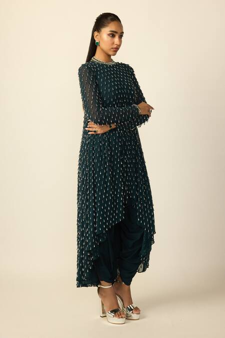 Vvani by vani vats_Blue Georgette, Silk Beads Round Neck Drop Embellished Kurta And Dhoti Pant Set _Online_at_Aza_Fashions