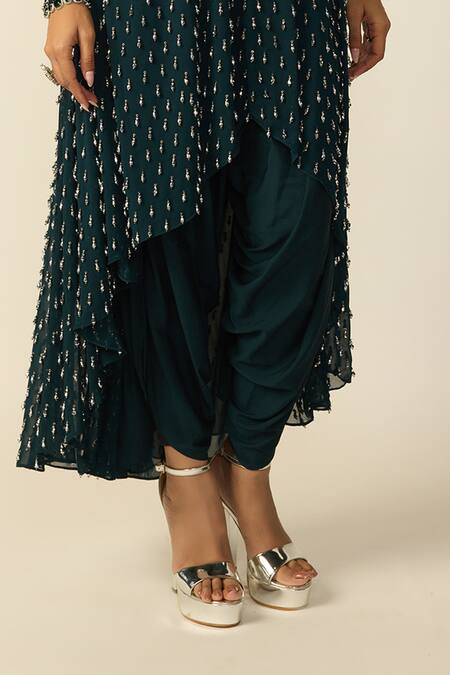 Buy_Vvani by vani vats_Blue Georgette, Silk Beads Round Neck Drop Embellished Kurta And Dhoti Pant Set _Online_at_Aza_Fashions