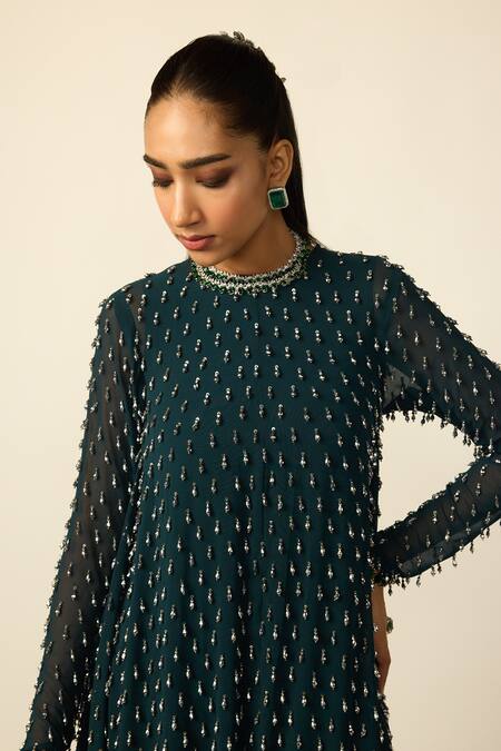 Shop_Vvani by vani vats_Blue Georgette, Silk Beads Round Neck Drop Embellished Kurta And Dhoti Pant Set _Online_at_Aza_Fashions