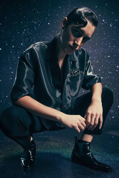 Nirmooha_Black Satin, Microfiber Beads, Orion Eclipse Glass Shirt And Trousers Set _Online_at_Aza_Fashions
