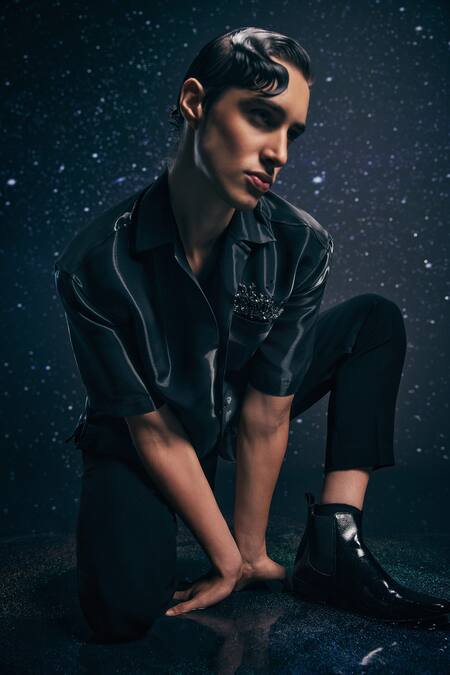 Buy_Nirmooha_Black Satin, Microfiber Beads, Orion Eclipse Glass Shirt And Trousers Set _Online_at_Aza_Fashions