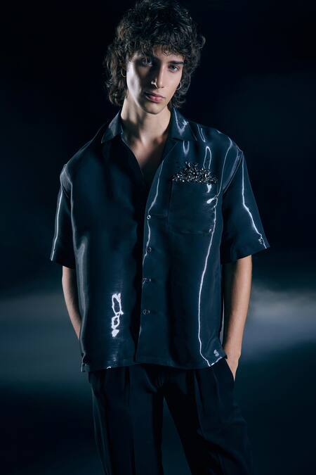 Shop_Nirmooha_Black Satin, Microfiber Beads, Orion Eclipse Glass Shirt And Trousers Set _Online_at_Aza_Fashions