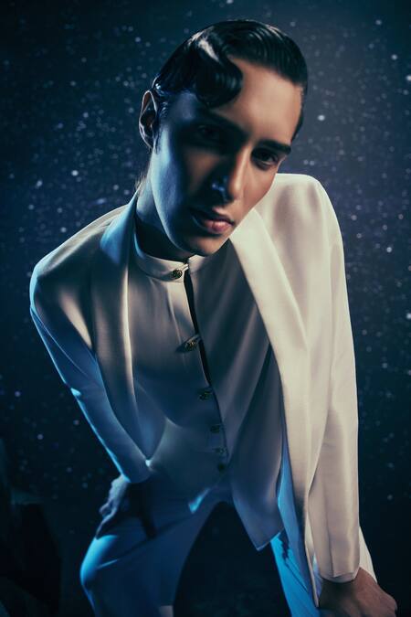 Nirmooha_Ivory Satin Aether Aura Glass Jacket Trousers Set _Online_at_Aza_Fashions