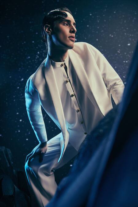 Shop_Nirmooha_Ivory Satin Aether Aura Glass Jacket Trousers Set _Online_at_Aza_Fashions