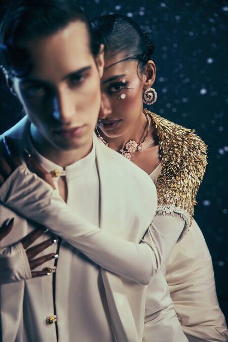 Nirmooha_Ivory Satin Aether Aura Glass Jacket Trousers Set _at_Aza_Fashions