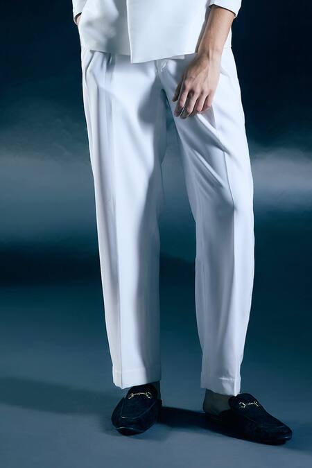 Buy_Nirmooha_Ivory Satin, Microfiber Altius Aura Double Breasted Blazer Set _Online_at_Aza_Fashions