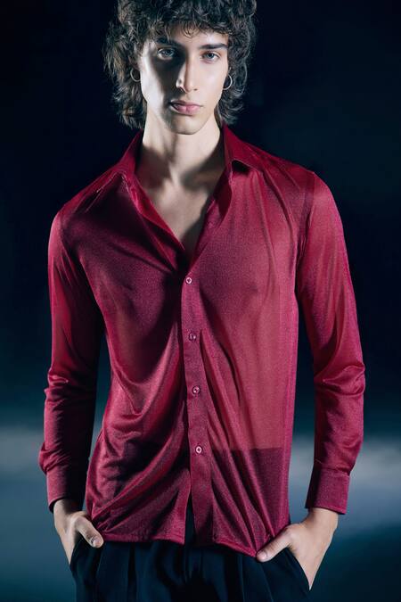 Nirmooha_Red Chiffon Ember Scarlet Sheer Knit Shirt _Online_at_Aza_Fashions