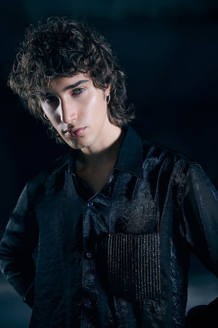 Nirmooha_Black Organza Embroidery Obsidian Eclipse Shirt _Online_at_Aza_Fashions