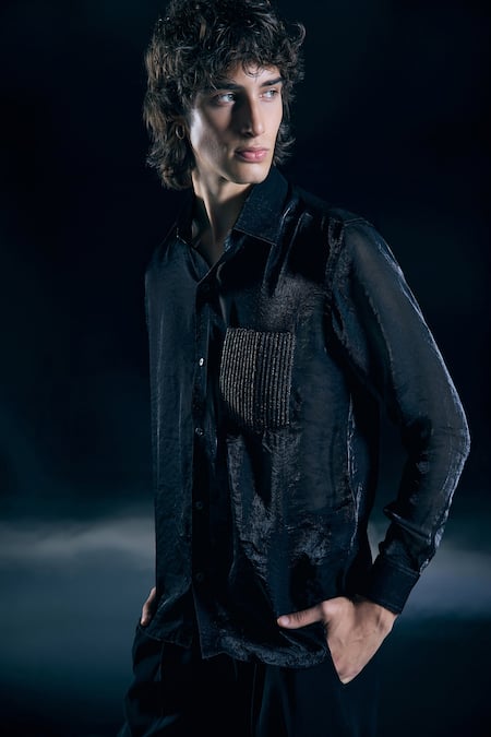 Buy_Nirmooha_Black Organza Embroidery Obsidian Eclipse Shirt _Online_at_Aza_Fashions