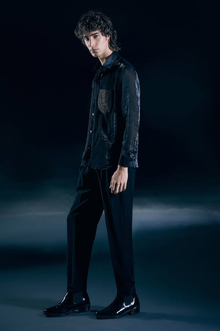 Shop_Nirmooha_Black Organza Embroidery Obsidian Eclipse Shirt _Online_at_Aza_Fashions