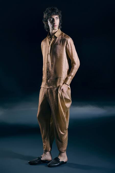 Nirmooha_Gold Chiffon Solaris Shirt And Cowl Trousers Set _Online_at_Aza_Fashions