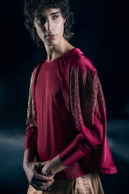 Nirmooha_Red Satin, Mesh Embroidery Regalis Flame Draped Jacket Set _Online_at_Aza_Fashions