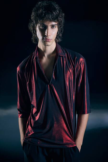 Buy_Nirmooha_Red Lycra Embroidery Altair Flame Shirt _Online_at_Aza_Fashions