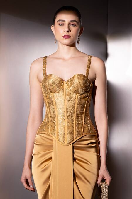 Label Muslin_Gold Brocade, Satin Sweetheart Neck Aurelia Corset Skirt Set _Online_at_Aza_Fashions