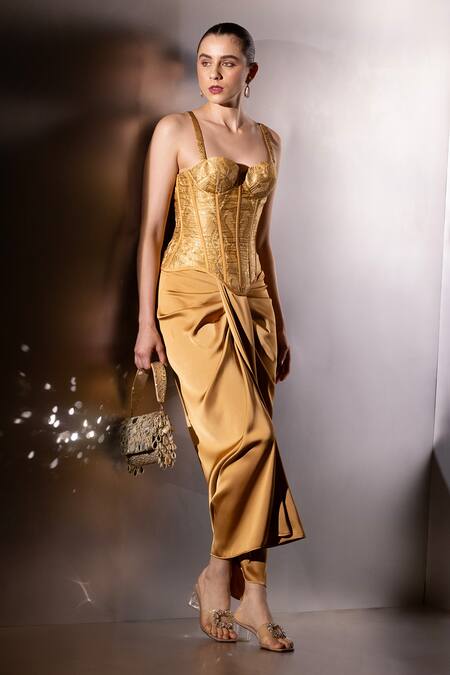 Label Muslin_Gold Brocade, Satin Sweetheart Neck Aurelia Corset Skirt Set _at_Aza_Fashions