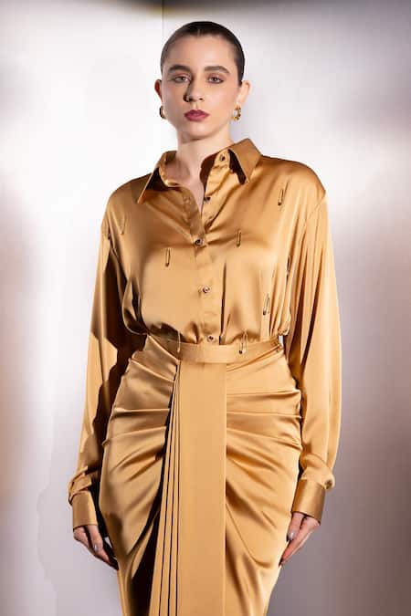 Label Muslin_Beige Satin Collared Aurelia Shirt And Front Pleat Skirt Set _Online_at_Aza_Fashions