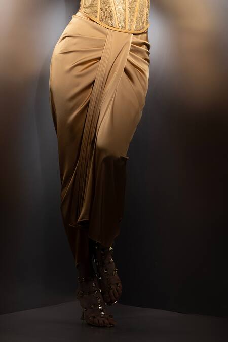 Label Muslin_Beige Satin Collared Aurelia Embellished Shirt And Skirt Set _Online_at_Aza_Fashions