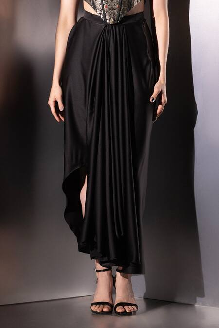 Buy_Label Muslin_Black Brocade, Satin, Silk Zari V-neck Shadowkine Corset And Skirt Set _Online_at_Aza_Fashions