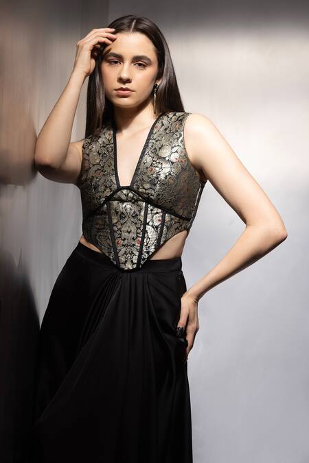 Shop_Label Muslin_Black Brocade, Satin, Silk Zari V-neck Shadowkine Corset And Skirt Set _Online_at_Aza_Fashions