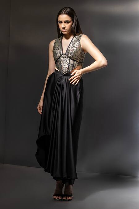Label Muslin_Black Brocade, Satin, Silk Zari V-neck Shadowkine Corset And Skirt Set _at_Aza_Fashions