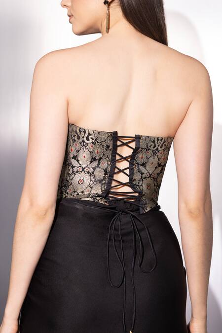 Buy_Label Muslin_Black Brocade, Satin, Silk Metallic Thread Contour Draped Skirt And Corset Set _Online_at_Aza_Fashions