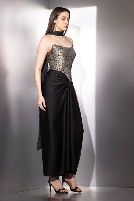 Shop_Label Muslin_Black Brocade, Satin, Silk Metallic Thread Contour Draped Skirt And Corset Set _Online_at_Aza_Fashions